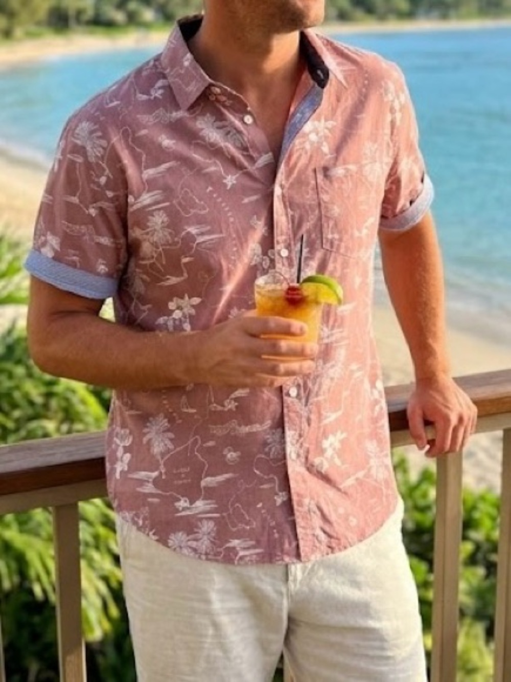Point Zero Black Label Hawaiian Map Shirt Dusty Rose Hibiscus Sailboat Palm Tree